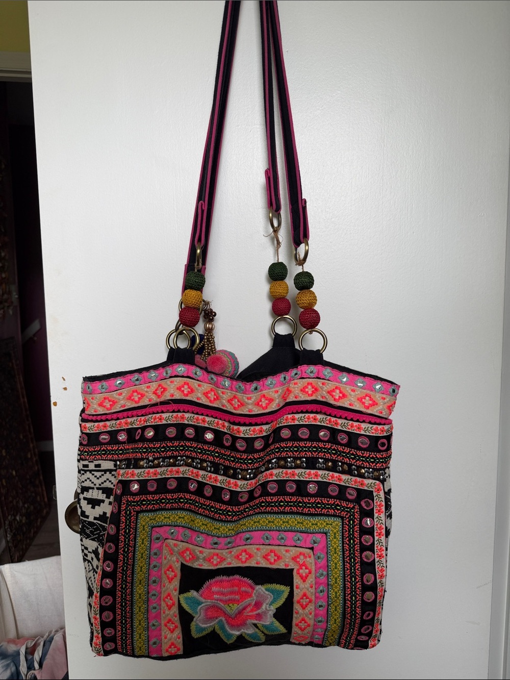 Embroidered Floral Boho Crossbody Tote - Pink & Black